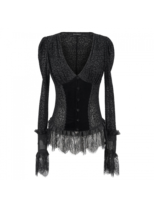 Gothic Style Sexy Micro Transparent Flocking Mesh Splicing Velvet Fabric Front Chest V Neck Design With Lace Hem Black Long Sleeved Blouse