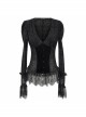 Gothic Style Sexy Micro Transparent Flocking Mesh Splicing Velvet Fabric Front Chest V Neck Design With Lace Hem Black Long Sleeved Blouse