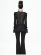Gothic Style Sexy Micro Transparent Flocking Mesh Splicing Velvet Fabric Front Chest V Neck Design With Lace Hem Black Long Sleeved Blouse