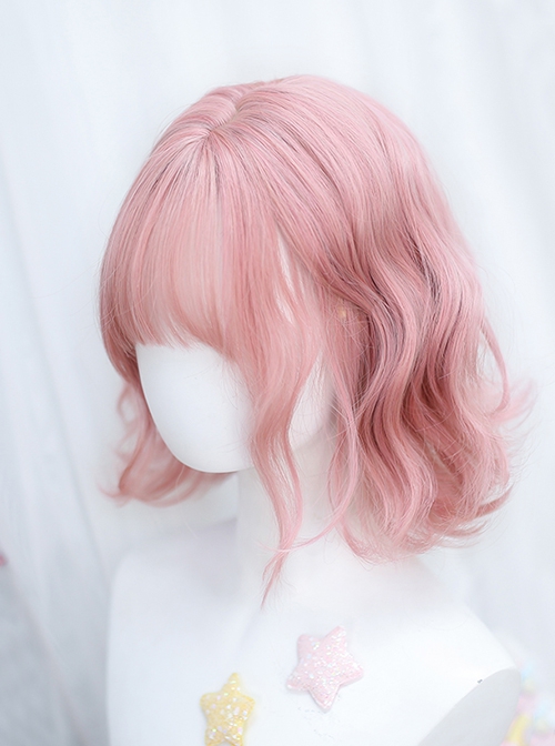 Japanese Style Quadratic Element Peach Pink Flat Bangs Short Curly Hair Sweet Lolita Full Head Wig