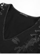 Gothic Style Torn Print Pattern Shoulder Hollow Stitching Mesh Long Sleeve Black V Neck Slit Dress