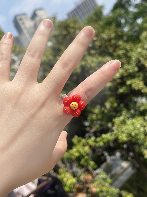 Korean Trendy Retro Cartoon 3D Strawberry Little Red Flower Kawaii Fashion Resin White Rings Set