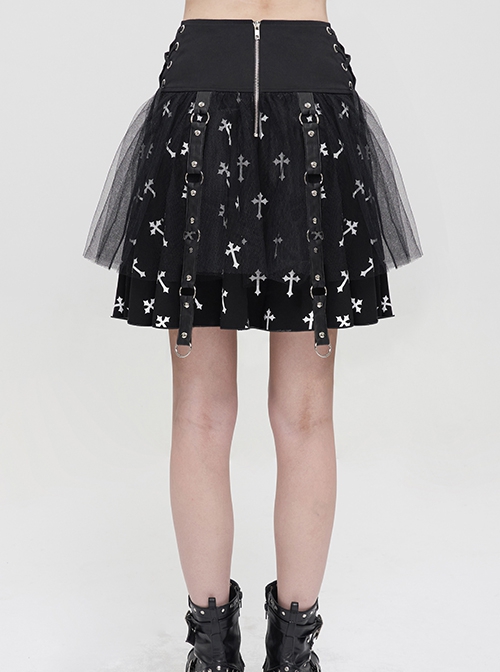 Punk Style Cross Print Knitted Front Center Metal Ring Stitching Leather Buckle Decoration Black And White Daily Skirt