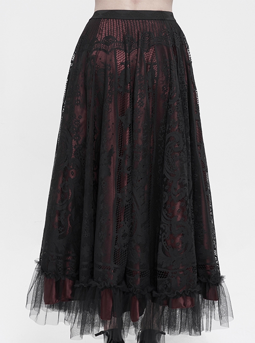 Gothic Style Exquisite Lace Floral Mesh With Ruffled Hem Black And Red Skirt