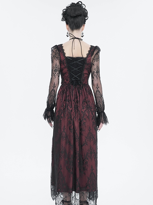 Gothic Style Sexy Lace Front Chest Metal Ring Link Waist Hollow Applique Red Long Sleeved Dress