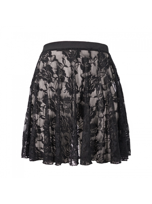 Gothic Style Sexy Rose Lace Micro-Transparent Mesh Fabric Waist Elastic Elastic Design Black Swimsuit Skirt