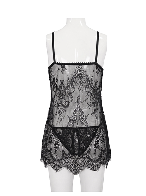 Gothic Style Sexy See Through Lace Front Deep V Neck Black Ribbon Secret Underwear Set