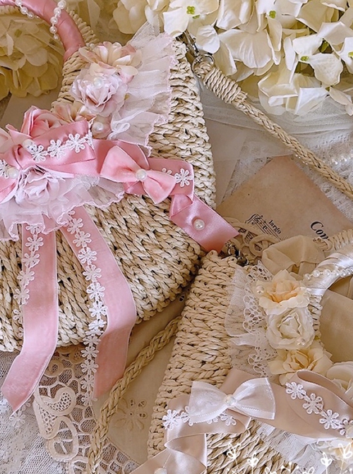 Spring Walk Series Spring Flower Ruffles Lace Ribbon Bowknot Pearl Elegant Sweet Lolita Apricot Straw Handbag
