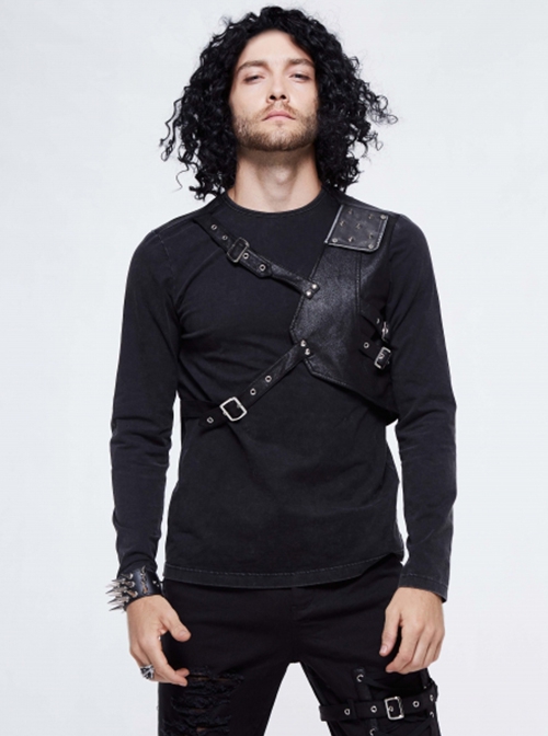 Punk Style Old Fashioned Asymmetric Leather Metal Rivet Shoulder Pads Black Fake Two Piece Long Sleeved T-Shirt