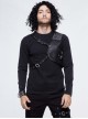 Punk Style Old Fashioned Asymmetric Leather Metal Rivet Shoulder Pads Black Fake Two Piece Long Sleeved T-Shirt