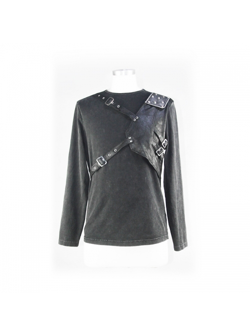 Punk Style Old Fashioned Asymmetric Leather Metal Rivet Shoulder Pads Black Fake Two Piece Long Sleeved T-Shirt