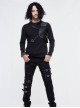 Punk Style Old Fashioned Asymmetric Leather Metal Rivet Shoulder Pads Black Fake Two Piece Long Sleeved T-Shirt