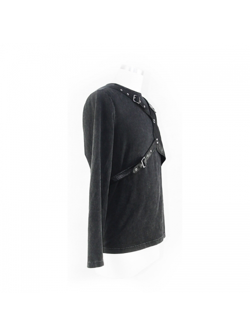 Punk Style Old Fashioned Asymmetric Leather Metal Rivet Shoulder Pads Black Fake Two Piece Long Sleeved T-Shirt