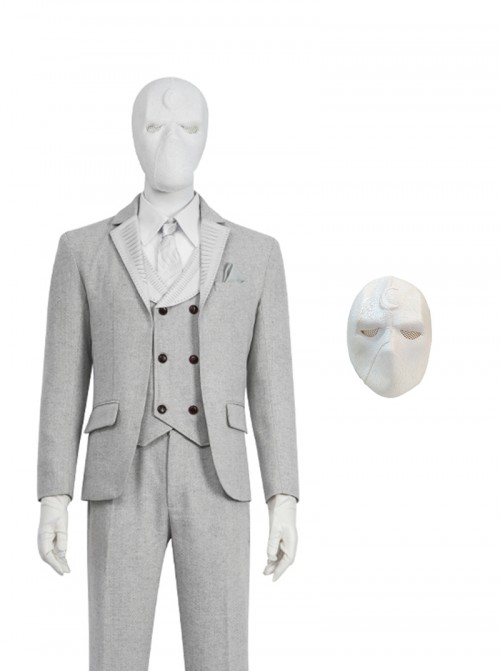 TV Drama Moon Knight Halloween Cosplay Marc Spector Mr. Knight Costume Gray Suit Accessories White Mask