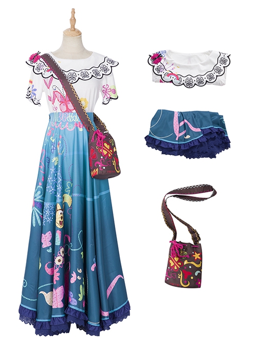 Encanto Halloween Cosplay Mirabel Cute Printing Blue Long Skirt Suit Costume Full Set