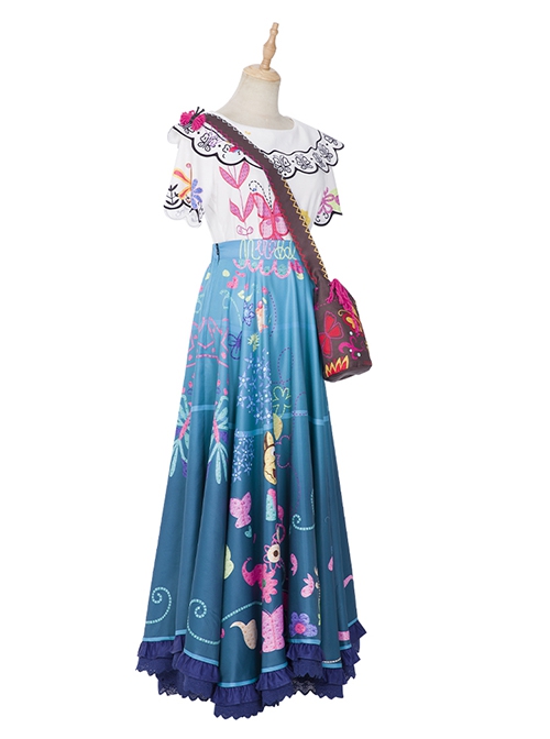 Encanto Halloween Cosplay Mirabel Cute Printing Blue Long Skirt Suit Costume Full Set