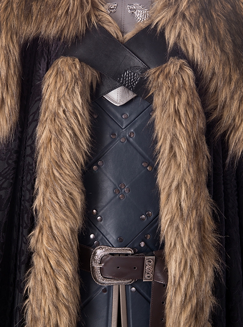 Game Of Thrones Season 8 Halloween Cosplay Jon Snow Brown Fur Collar Black Cloak Suit Costume Black Cloak