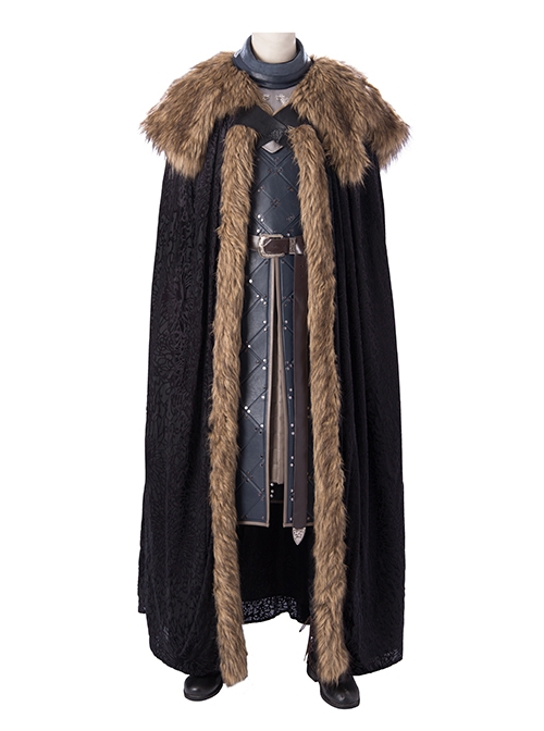 Game Of Thrones Season 8 Halloween Cosplay Jon Snow Brown Fur Collar Black Cloak Suit Costume Black Cloak