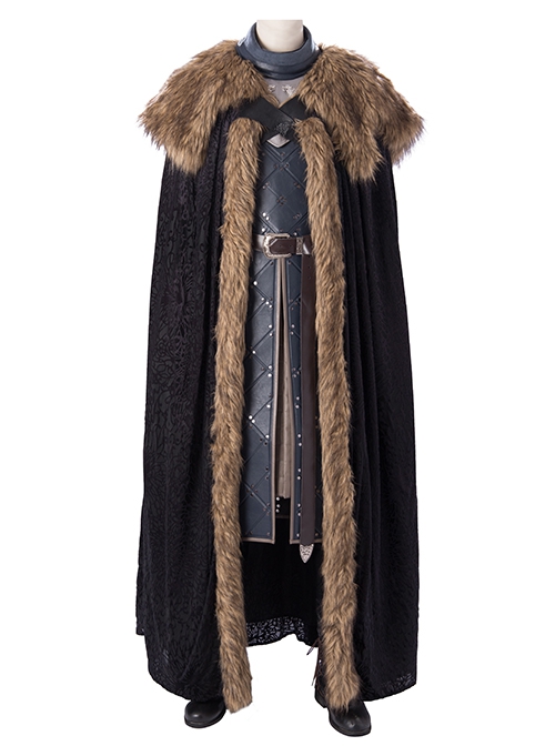Game Of Thrones Season 8 Halloween Cosplay Jon Snow Brown Fur Collar Black Cloak Suit Accessories Black Waistband