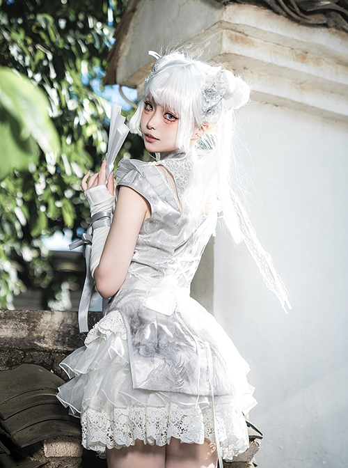 Silver Moon Series Y2K Chinoiserie Futuristic Chic Lustrous Short Cheongsam Sweet Lolita Sleeveless Dress Shorts Set