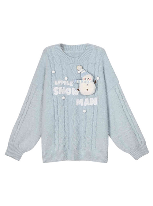 Fall Winter Snowman Cute Kawaii Fashion Light Blue Seahorse Hair Warm Loose Round Collar Pullover Sweater