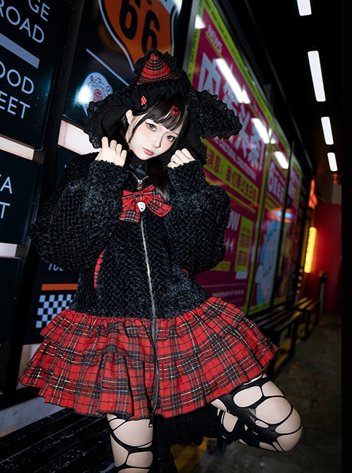 Night Cat Series Y2K Subculture Sweet Lolita Black Thickened Velvet Cat Ear Hooded Spliced ​​Cake Skirt Long Coat