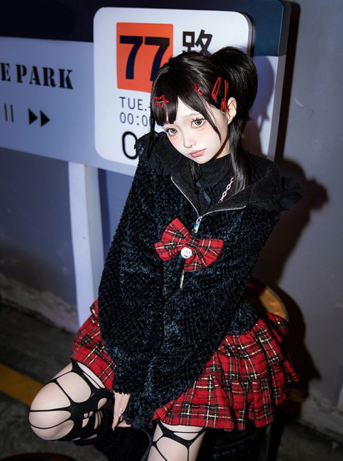 Night Cat Series Y2K Subculture Sweet Lolita Black Thickened Velvet Cat Ear Hooded Spliced ​​Cake Skirt Long Coat