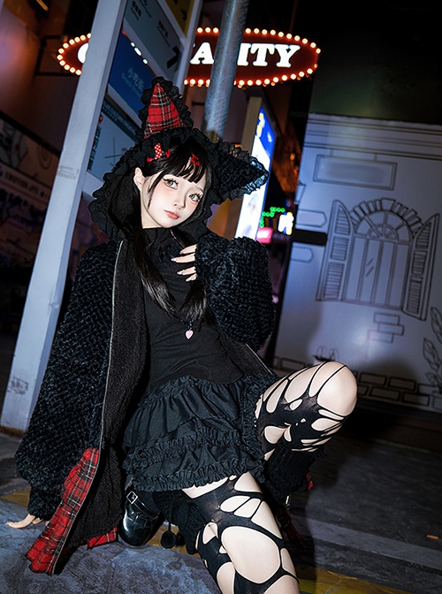 Night Cat Series Y2K Subculture Sweet Lolita Black Thickened Velvet Cat Ear Hooded Spliced ​​Cake Skirt Long Coat