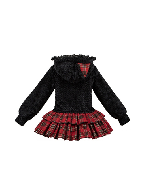 Night Cat Series Y2K Subculture Sweet Lolita Black Thickened Velvet Cat Ear Hooded Spliced ​​Cake Skirt Long Coat