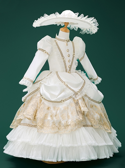 White Noble Lady Sun Hat Retro Royal Gorgeous Show Costumes Rose Lace Baroque Classic Lolita Long Sleeves Child Dress