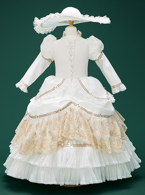 White Noble Lady Sun Hat Retro Royal Gorgeous Show Costumes Rose Lace Baroque Classic Lolita Long Sleeves Child Dress