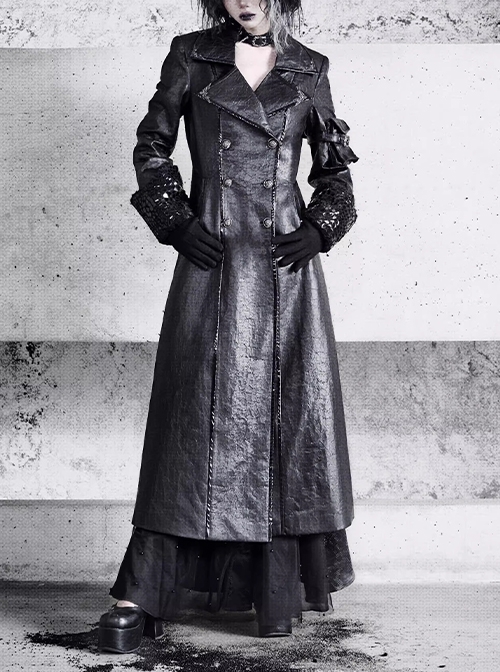Shadow Of Snake Eyes Series Fall Winter Black Gothic Punk Cool Brooch Cracked Leather Suit Lambswool Thick Coat