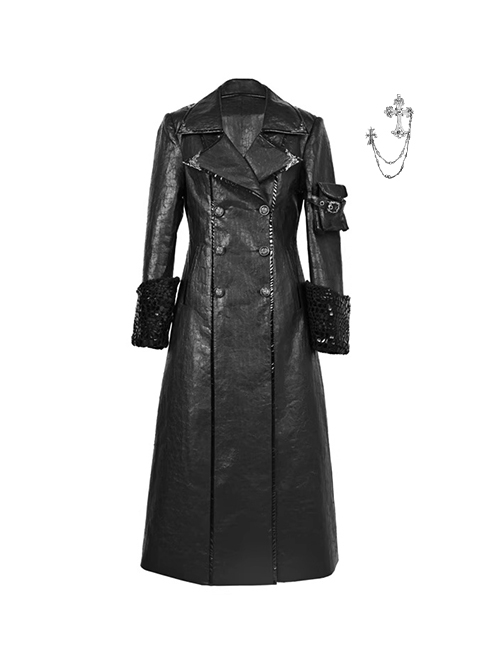Shadow Of Snake Eyes Series Fall Winter Black Gothic Punk Cool Brooch Cracked Leather Suit Lambswool Thick Coat