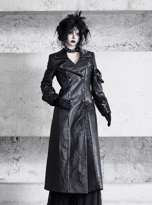 Shadow Of Snake Eyes Series Fall Winter Black Gothic Punk Cool Brooch Cracked Leather Suit Lambswool Thick Coat