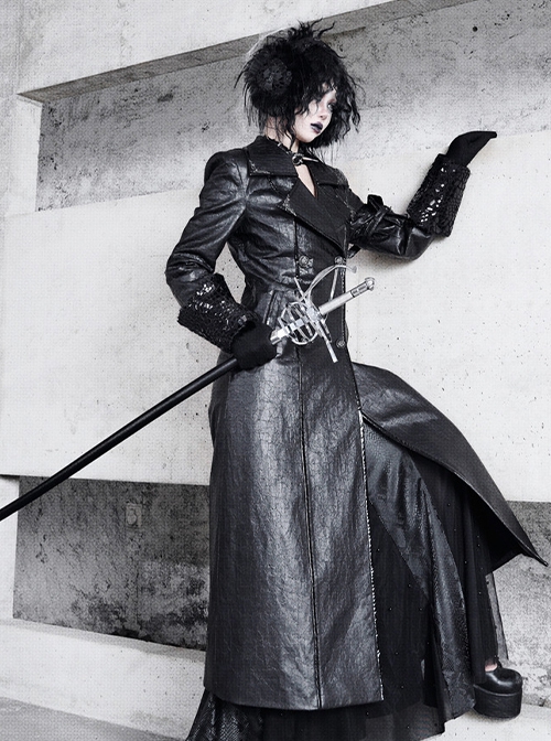 Shadow Of Snake Eyes Series Fall Winter Black Gothic Punk Cool Brooch Cracked Leather Suit Lambswool Thick Coat