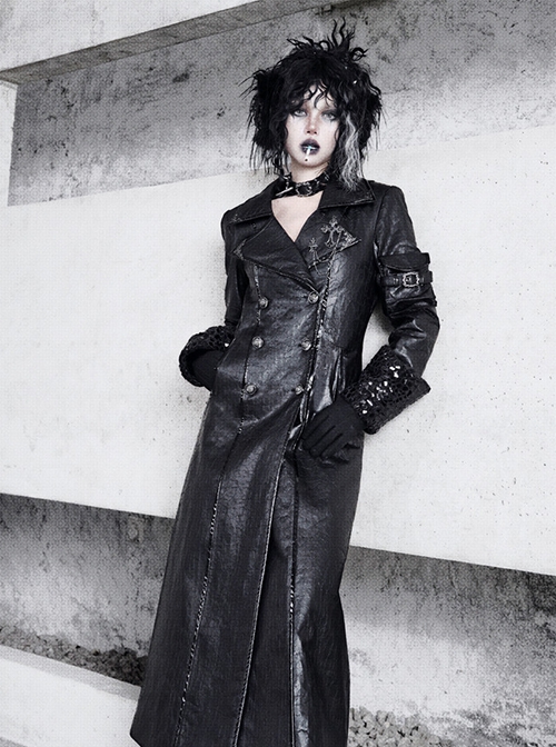Shadow Of Snake Eyes Series Fall Winter Black Gothic Punk Cool Brooch Cracked Leather Suit Lambswool Thick Coat