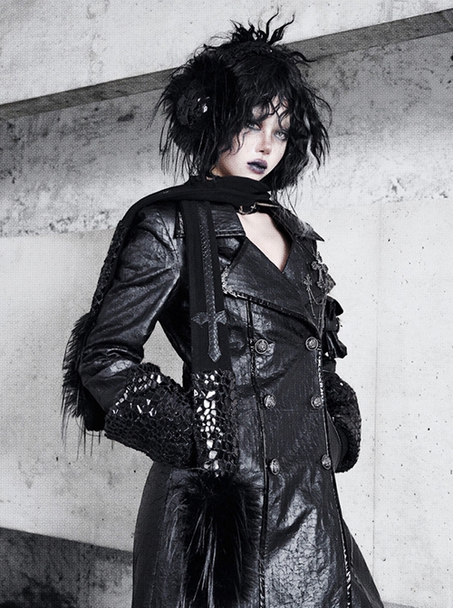 Shadow Of Snake Eyes Series Fall Winter Black Gothic Punk Cool Brooch Cracked Leather Suit Lambswool Thick Coat