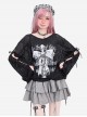 Girl's Will Series Sweet Cool Hollow Design Unique Bow Pattern Print Kawaii Fashion Black Long Sleeves Top