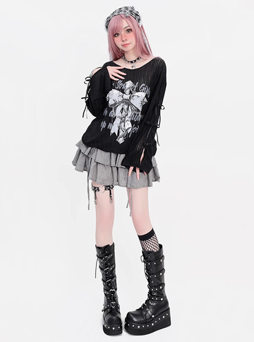 Girl's Will Series Sweet Cool Hollow Design Unique Bow Pattern Print Kawaii Fashion Black Long Sleeves Top
