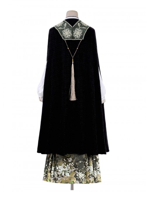 Green Nightmare Series Gorgeous Retro Chinese Style Ming Dynasty Hanfu Embroidery Horse Face Skirt Shirt Cape Set
