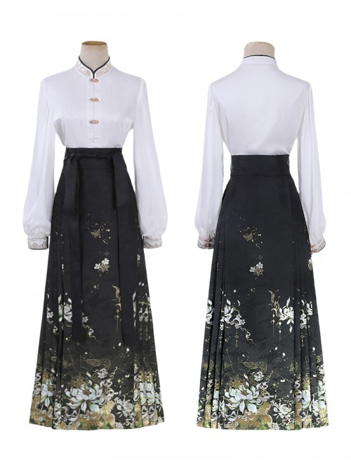 Green Nightmare Series Gorgeous Retro Chinese Style Ming Dynasty Hanfu Embroidery Horse Face Skirt Shirt Cape Set