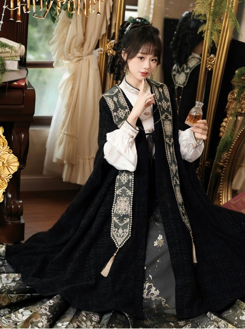 Green Nightmare Series Gorgeous Retro Chinese Style Ming Dynasty Hanfu Embroidery Horse Face Skirt Shirt Cape Set