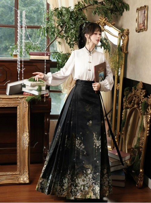 Green Nightmare Series Gorgeous Retro Chinese Style Ming Dynasty Hanfu Embroidery Horse Face Skirt Shirt Cape Set