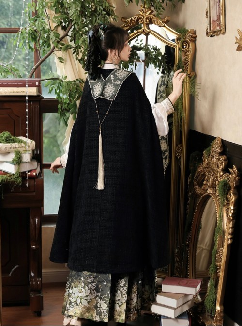 Green Nightmare Series Gorgeous Retro Chinese Style Ming Dynasty Hanfu Embroidery Horse Face Skirt Shirt Cape Set