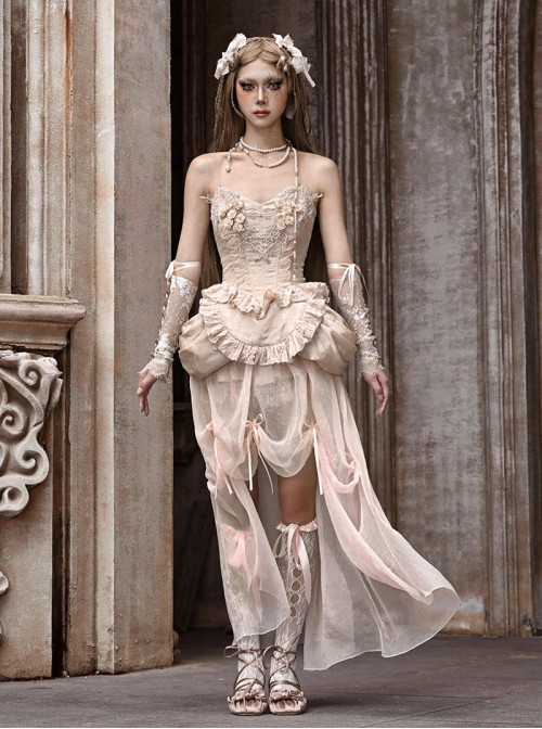 Broken Ballet Series Exquisite Champagne European Rococo Classic Lolita Gold Thread Fishbone Corset Chiffon Hem Set