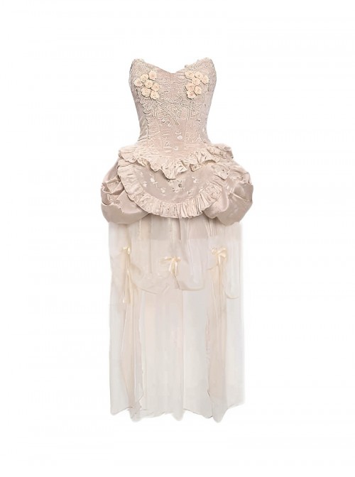 Broken Ballet Series Exquisite Champagne European Rococo Classic Lolita Gold Thread Fishbone Corset Chiffon Hem Set
