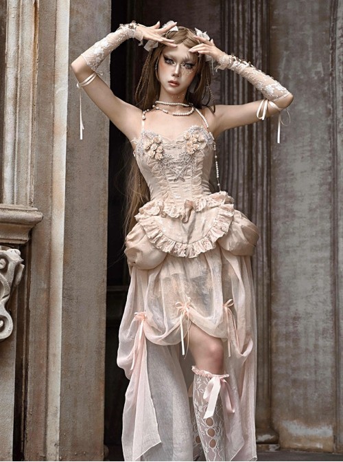 Broken Ballet Series Exquisite Champagne European Rococo Classic Lolita Gold Thread Fishbone Corset Chiffon Hem Set