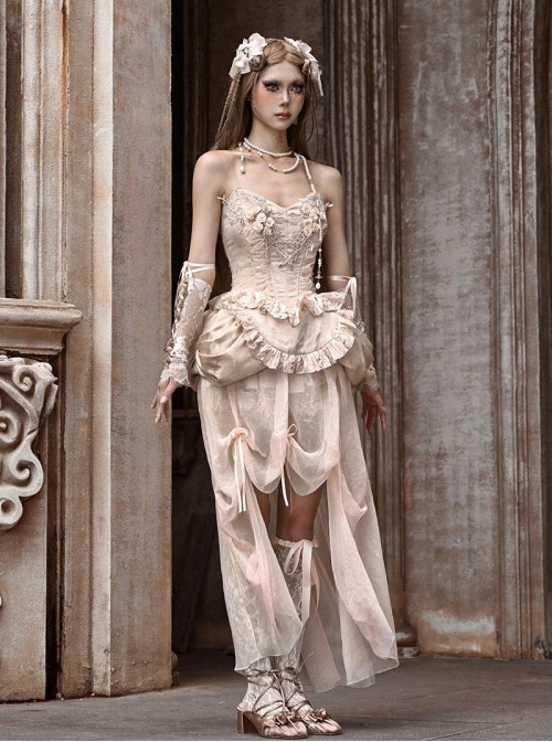 Broken Ballet Series Exquisite Champagne European Rococo Classic Lolita Gold Thread Fishbone Corset Chiffon Hem Set