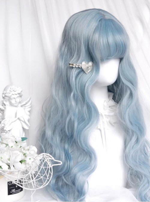 Blue Ribbon Series Dreamy Ice Blue Straight Bangs Sweet Lolita Doll Like Long Curly Princess Wool Roll Wig