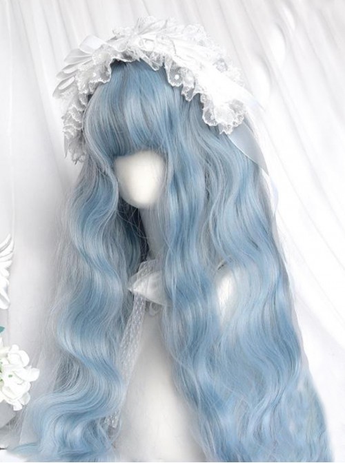 Blue Ribbon Series Dreamy Ice Blue Straight Bangs Sweet Lolita Doll Like Long Curly Princess Wool Roll Wig